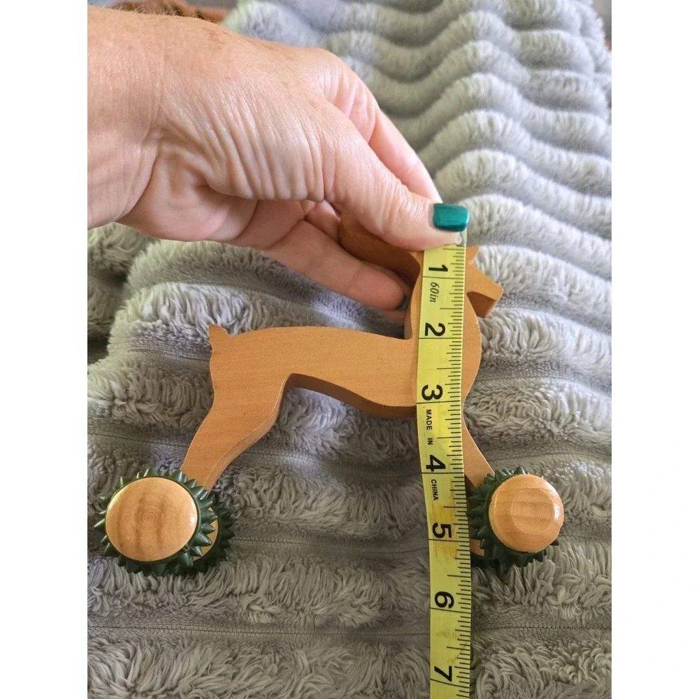 Vintage Chunky Pine Wooden Reindeer‎ Handheld Back Massager With Rolling Wheels